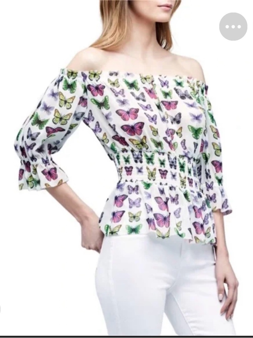 L'AGENCE White Multi Butterfly Off-Shoulder Top With Keyhole at Chest Area
